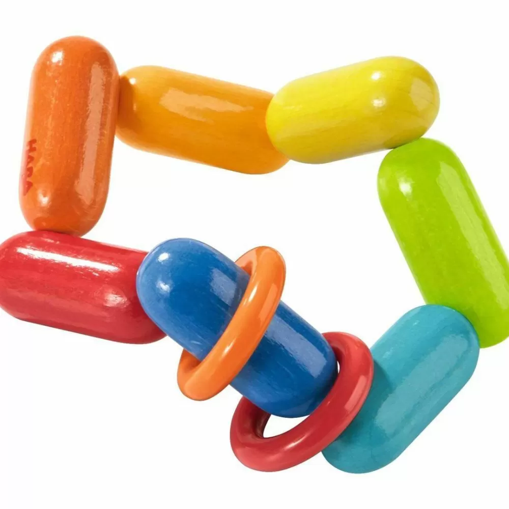 HABA Dilly-Dally Wooden Rattle With Plastic Rings< Grasping + Teething Toys